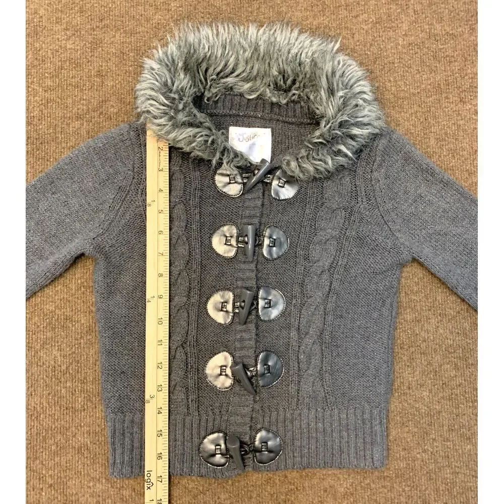 Vintage Justice Sweater Girls 8 Cardigan Fur Collar Cable Knit Toggle Button Y2K